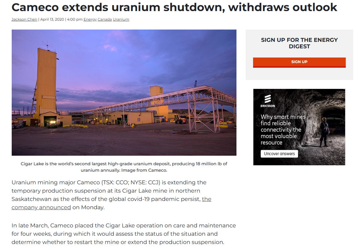 https://www.mining.com/cameco-extends-uranium-mine-shutdown-withdraws-guidance/ https://www.mining.com/cameco-extends-uranium-mine-shutdown-withdraws-guidance/